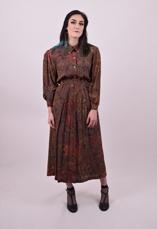 VINTAGE 70'S BROWN CRAZY PRINT DRESS PREPPY UNI SIZE 8 10 12