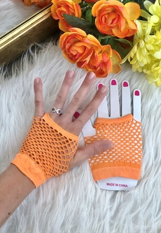Orange Wrist High Fishnet Gloves