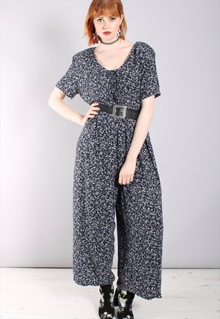 VINTAGE 80S BLUE FLORAL PRINT PATTERNED WIDE LEG JUMPSUIT