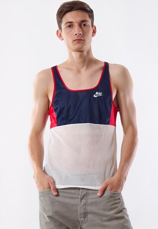 VINTAGE NIKE RUNNING TANK TOP SHIRT 80S WHITE BLUE