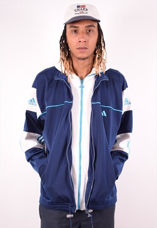 ADIDAS MENS VINTAGE HOODIE JACKET LARGE NAVY BLUE 90S