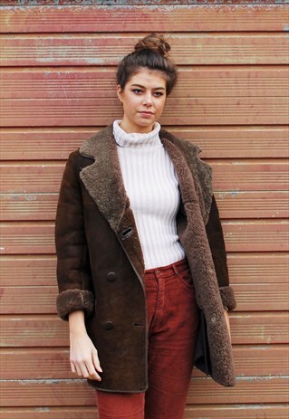 VINTAGE DARK TAN REAL SHEARLING COAT