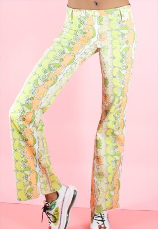 VINTAGE 90S FLARES TROUSERS Y2K PASTEL GREEN ORANGE