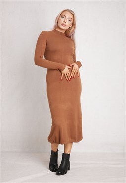 Brown Long Sleeve Bodycon Dress ONE SIZE FIT (8 to 12)