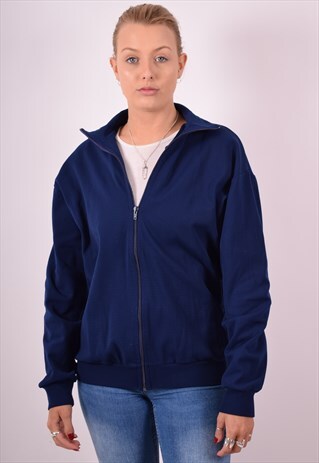 WOMENS VINTAGE TRACKSUIT TOP JACKET LARGE NAVY BLUE 90S