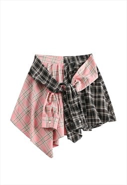 Plaid mini skirt contrast stitching check skirt pink black