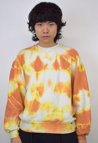 VINTAGE 90S RUSSELL ATHLETIC ORANGE/WHITE TIE-DYE SWEATSHIRT
