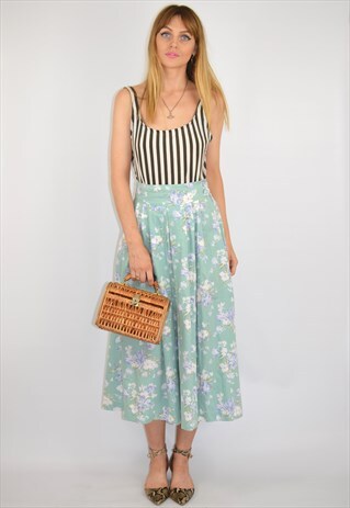 VINTAGE HIGH WAISTED PASTEL GREEN & WHITE MIDI SKIRT