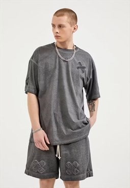 Cross patch gradient sport set tie-dye shorts & tee grey