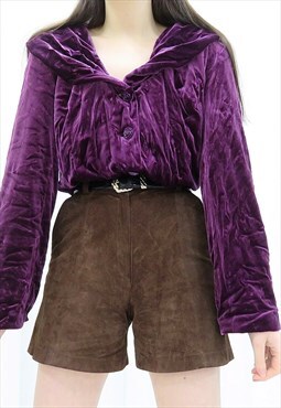 80s Vintage Velvet Purple Blouse Shirt (Size M)