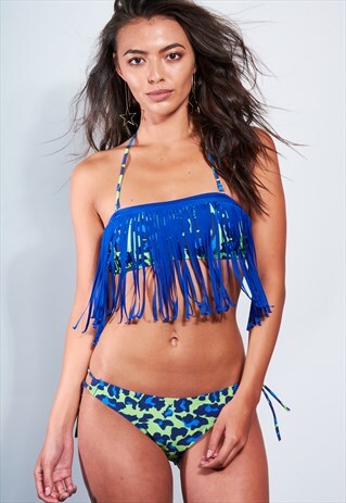 LEOPARD PRINT BIKINI WITH FRINGE DETAIL IN BLUE AND GREEN