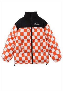 Check bomber chess print puffer jacket in orange