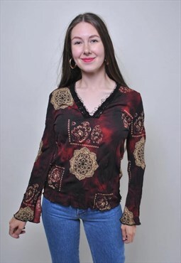 Vintage pullover v neck blouse, Y2K gothic long sleeve shirt