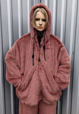 Faux fur hooded jacket detachable fluffy fleece bomber brown
