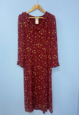 00s Laura Ashley Dress Burgundy Red Ditsy Floral Midi 
