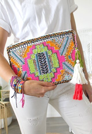 BAG MULTICOLORED BEADS AND RHINESTONES ON FRONT