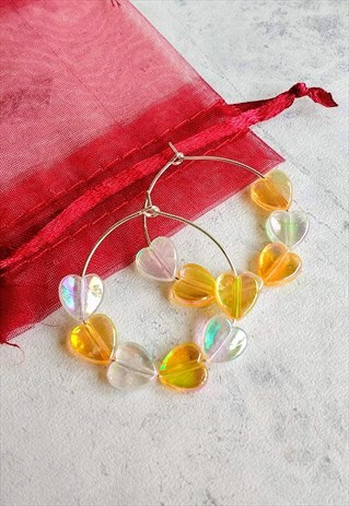 ORANGE IRIDESCENT CANDY HEART HOOP EARRINGS