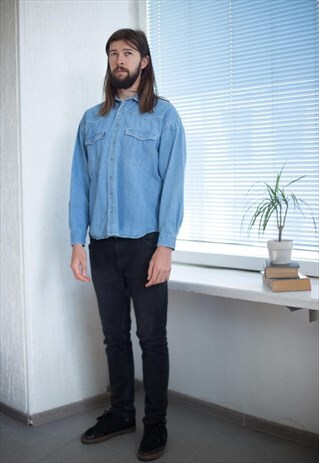 VINTAGE 90'S BLUE DENIM WESTERN STYLE SHIRT