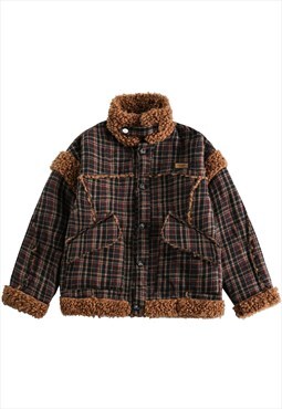 Checked woolen jacket plaid bomber fleece coat in brown