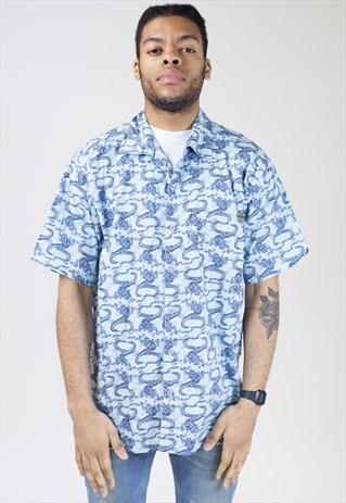 VINTAGE 90S BLUE DRAGON PATTERNED SHIRT