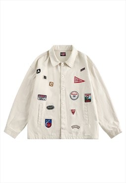 Patchwork shirt jacket retro applique bomber in off white