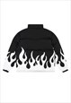 FLAME PRINT BOMBER FIRE GRAPHIC PUFFER JACKET IN BLACK WHITE