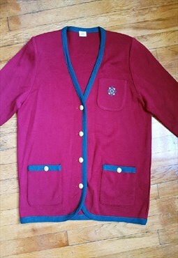1990s Vintage Cozy Red and Green Wool Cardigan Size L