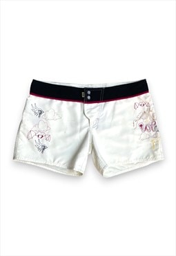 Volcom beige shorts with vampiric embroidered images