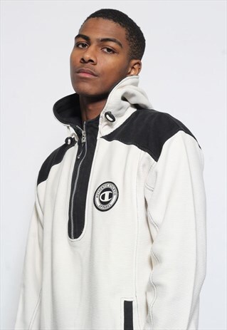 VINTAGE CHAMPION LOGO 1/4 ZIP HOODIE WHITE