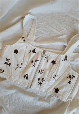 Up-Cycled Hand Embroidery White Denim Corset Floral Ditsy