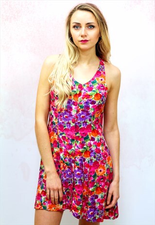1990S VINTAGE PINK FLORAL MINI BUTTON UP FIT AND FLARE DRESS