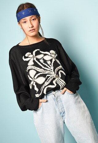 VINTAGE 80'S RETRO FLORAL PATTERN BEADED SOFT KNIT JUMPER