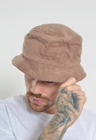 VINTAGE FULLY FLEECE Y2K BUCKET HAT CAP BROWN