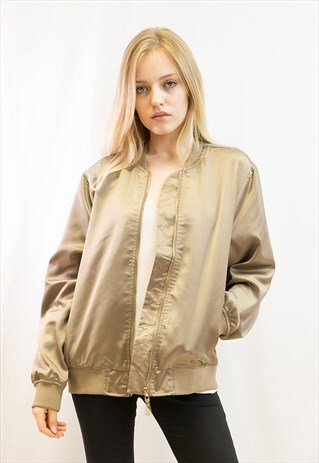 PLAIN OVERSIZED LONGLINE SATIN BOMBER JACKET IN KHAKI COLOR