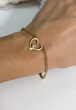 1980's Gold Plated Figaro Chain Heart Bracelet