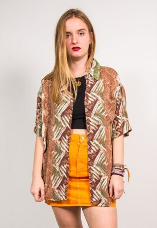 VINTAGE 90'S BROWN ABSTRACT PATTERN SHORT SLEEVE SHIRT