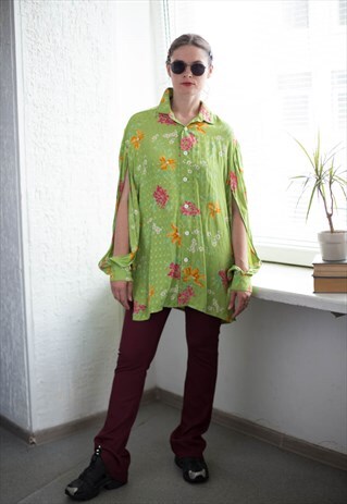 VINTAGE 80'S GREEN FLOWER PRINT OPEN SLEEVES BLOUSE