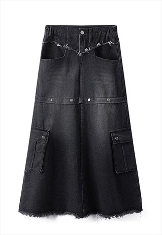 DETACHABLE DENIM SKIRT MAXI UTILITY JEAN SKIRT VINTAGE BLACK