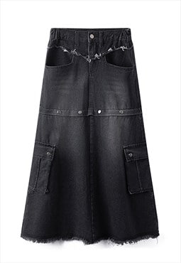 Detachable denim skirt maxi utility jean skirt vintage black