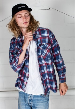 VINTAGE BLUE RED CHECKED FLANNEL SHIRT