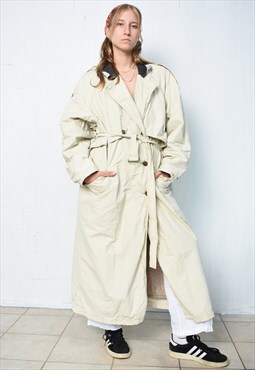 Vintage 80s minimalist longline belted trench coat off-white