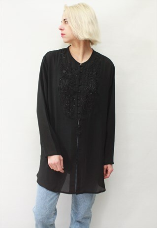 VINTAGE 90' AMAZING BLACK ELEGANT LONG BLOUSE WITH ORNAMENT