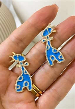 Blue Enamel & Crystal Giraffe Large Stud Earrings