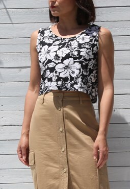 Deadstock black/white floral cotton sleeveless crop top