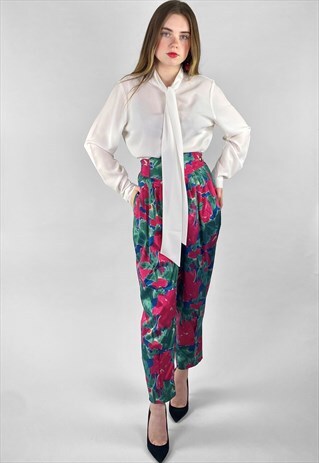 REVIVAL LADIES 80'S PINK GREEN FLORAL VINTAGE TROUSERS