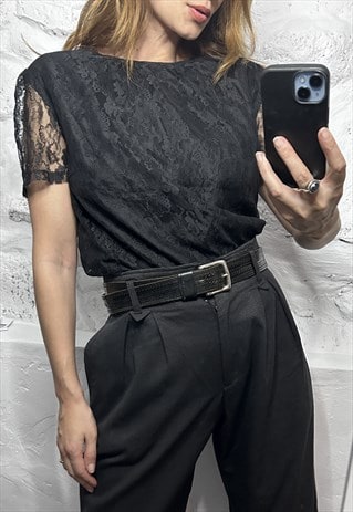 SOFT GOTH BLACK MESH BLOUSE WITH SHEER SLEEVES 