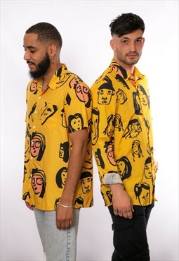 Funky Faces Statement Print Yellow Shirt Hawaiian Style Fest