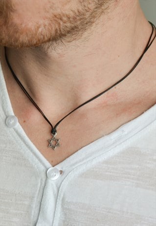 SILVER STAR OF DAVID NECKLACE FOR MEN BLACK CORD JEWISH GIFT