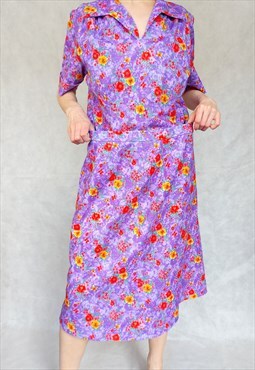 Vintage Purple Floral Two Piece Skirt Suit, Large Size