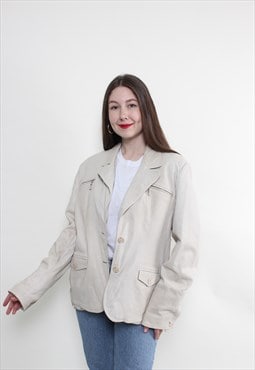 Beige leather jacket, 90s oversized jacket LARGE size 